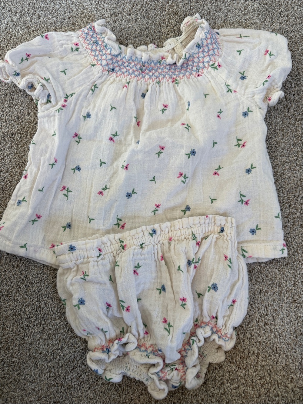 Old Navy Cream Baby Top with Pink & Blue Floral Smocking